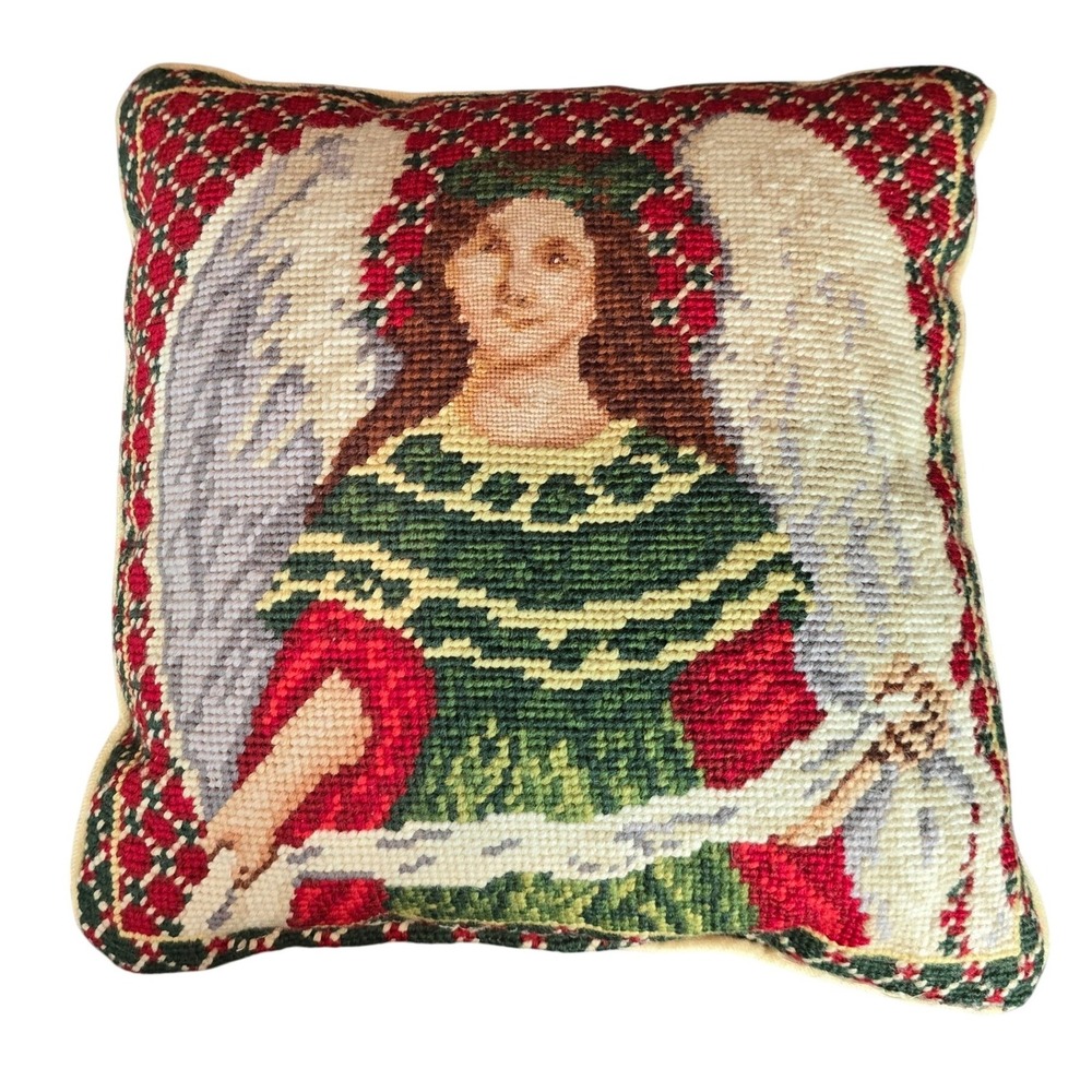 Vintage Needlepoint Angel Accent Pillow Velvet Back Christmas Holiday Decor‎